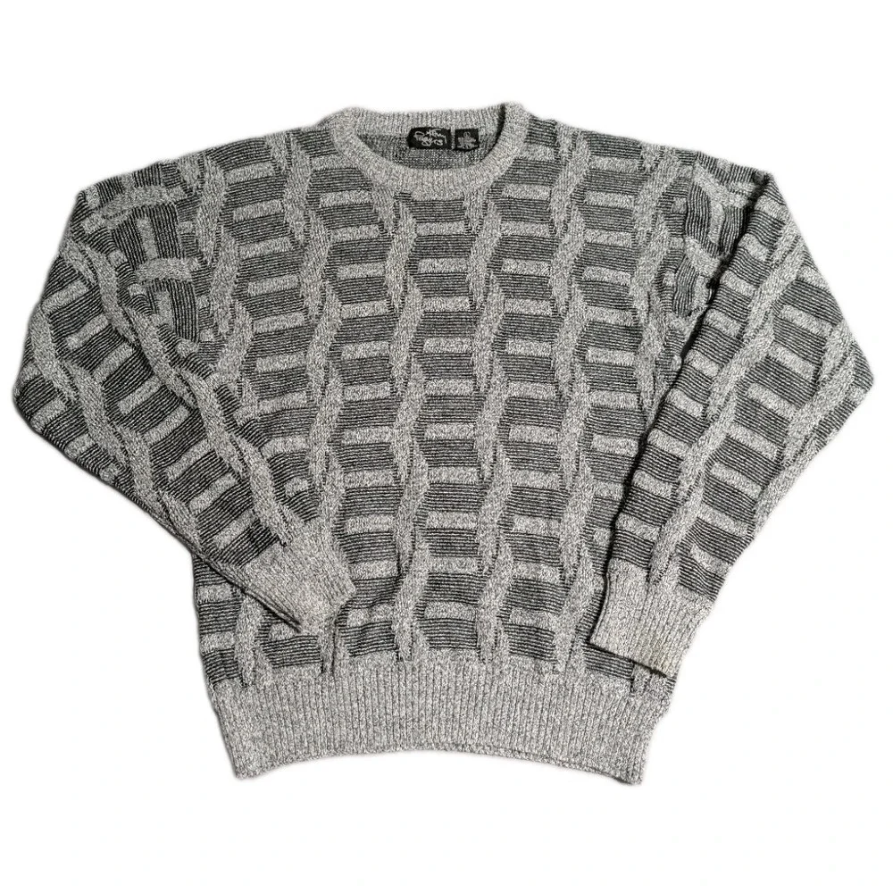 Kenny Rogers Sweater Mens L Gray Cable Knit Geometric Crewneck Pullover Textured